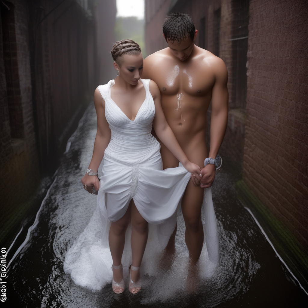 wedding dress, watch, wet clothes, clothed female nude male, arms behind back, bottomless, high heels, braid, buzz cut, hair ornament, clothes lift, from above, alley