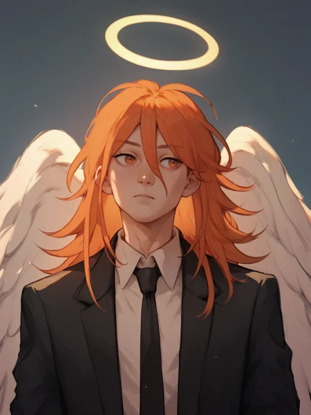 score_9, score_8_up, score_7_up, score_6_up, score_5_up, <lora:4ng3ld3v1lXLP:1> 1boy, halo, 4ng3ld3v1l, orange hair, angel wings, suit, black necktie