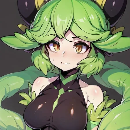 highly detailed, 8k, masterpiece, 1girl, Two-tone plant_hair, dress , disgust, (perfect_face), detailed_background, portrait, , <lora:slugboxV1-000005:0.85>