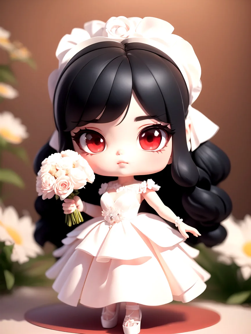 full body, 1girl ,chibi, black hair, red eyes,
wedding dress, bouquet on hand,