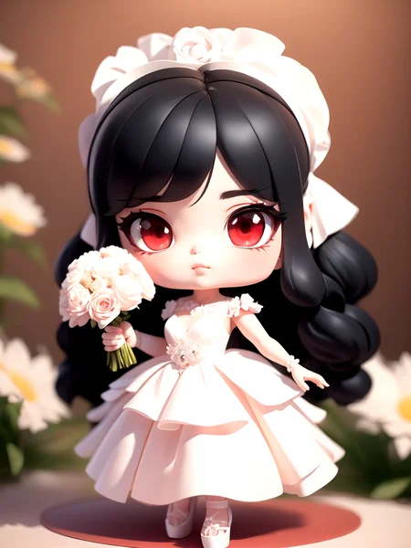 full body, 1girl ,chibi, black hair, red eyes,
wedding dress, bouquet on hand,