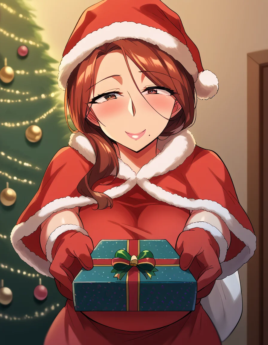 score_9, score_8_up, score_7_up, source_anime, <lora:yumiko-kimura-ova-ponyxl-lora-nochekaiser:1>, yumiko kimura, long hair, brown eyes, mole, huge breasts, mole under mouth, mature female, brown hair,, <lora:santa-costume-ponyxl-lora-nochekaiser:1>, santa costume, santa hat, christmas, sack, merry christmas, gift, fur-trimmed headwear, holding sack, santa dress, fur-trimmed dress, christmas tree, christmas tree, fur trim, red capelet, gift box, red gloves, fur-trimmed capelet, santa gloves, red hat, hat,, smile, blush, looking at viewer, <lora:incoming-gift-ponyxl-lora-nochekaiser:1>, incoming gift, outstretched arms, holding, holding gift, gift, gift box,,