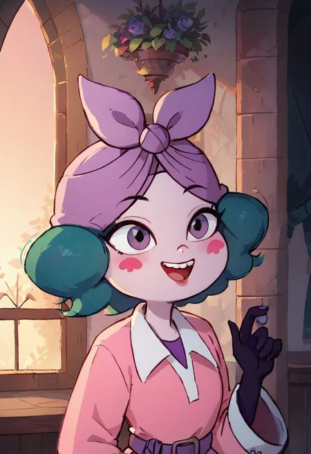 score_9, score_8_up, score_8, Eclipsa Butterfly, green hair, short hair, purple eyes, red spade blush stickers, dark hands, pink pajamas, purple bandana, dark purple shirt, purple belt, white bunny slippers,
upper body, in a room, sunset, warm light, smile, open mouth, upper teeth,