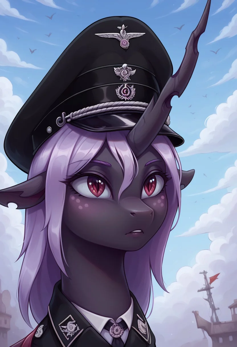 masterpiece, score_9, score_8_up, score_7_up, score_6_up, (best quality:1.1), ultra-detailed, high resolution, 1girl, Queen Gytha, corrupted, evil, changeling, feral, red eyes, ragged ears, crooked horn, black skin, pink freckles, very light purple membrane hair, very light purple membrane tail, insect wings, WWII, world war ii, bmu, black military uniform, salute, peaked cap, portrait, abstract background, high quality, sharp, the quality of ai art is frightening, highly detailed, (beautiful detailed eyes), Long eyelashes, Highly Visible, from Equestria at War, (((8k))), sharp focus, perfect lighting, beautiful eyes, long eyelashes, anatomically correct, extremely detailed, shine on body, high detail, cute, Expressiveh, detailed background, OverallDetail, zPDXL2