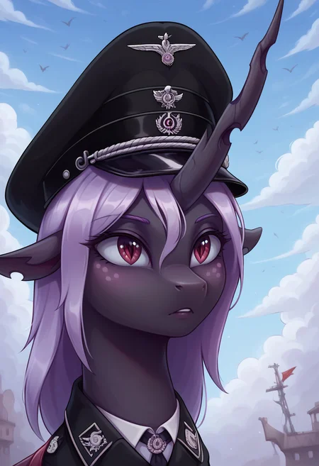masterpiece, score_9, score_8_up, score_7_up, score_6_up, (best quality:1.1), ultra-detailed, high resolution, 1girl, Queen Gytha, corrupted, evil, changeling, feral, red eyes, ragged ears, crooked horn, black skin, pink freckles, very light purple membrane hair, very light purple membrane tail, insect wings, WWII, world war ii, bmu, black military uniform, salute, peaked cap, portrait, abstract background, high quality, sharp, the quality of ai art is frightening, highly detailed, (beautiful detailed eyes), Long eyelashes, Highly Visible, from Equestria at War, (((8k))), sharp focus, perfect lighting, beautiful eyes, long eyelashes, anatomically correct, extremely detailed, shine on body, high detail, cute, Expressiveh, detailed background, OverallDetail, zPDXL2