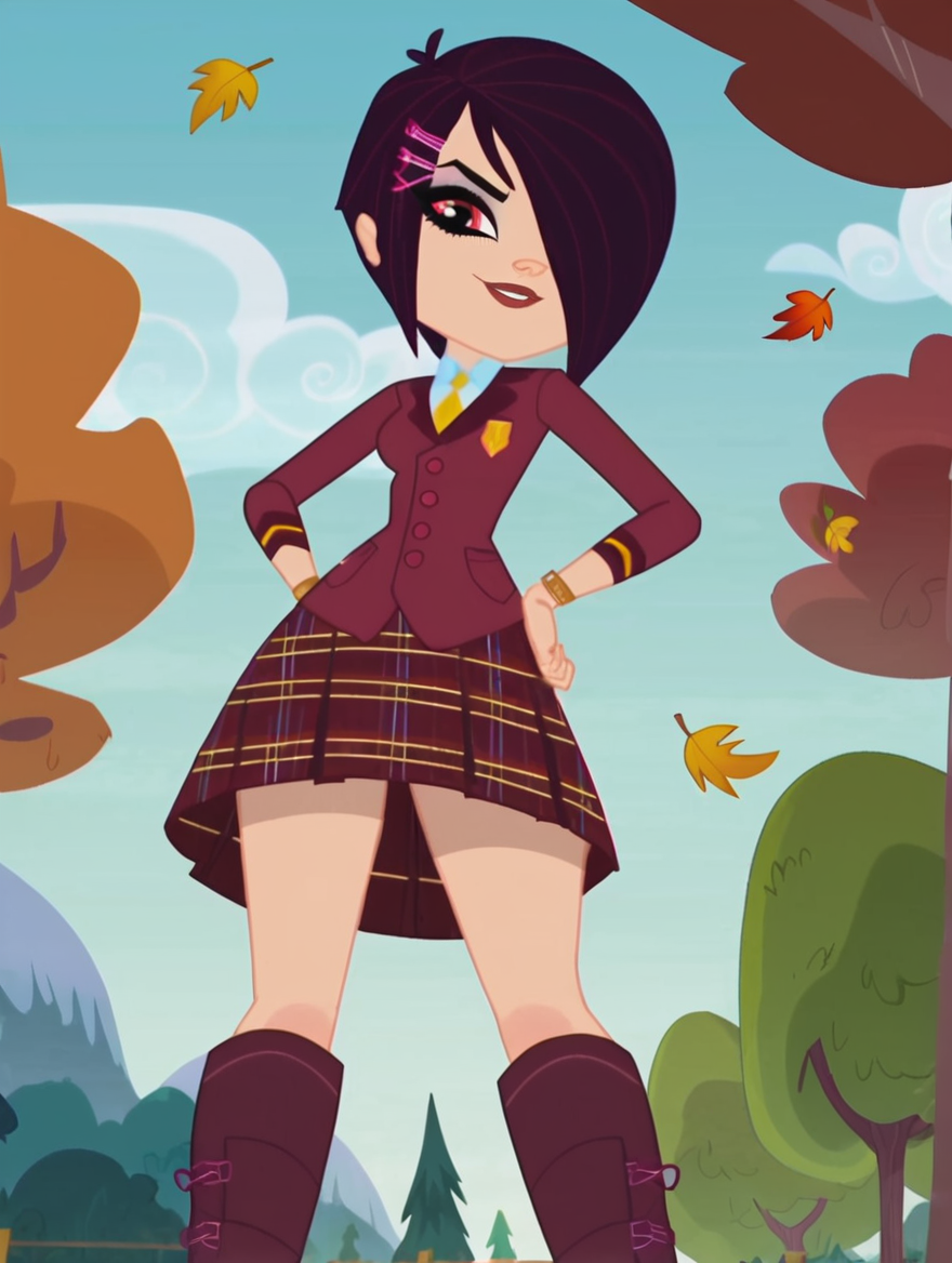 <lora:whittanybiskit:1>whittanybiskit, 1girl, smirk, low angle shot, blue sky, white clouds, trees, autumn, leaves in the wind, short asymmetrical hairstyle, one eye covered, purple iris with white radial concentric lines, clean face lines, dark red school uniform jacket with gold accents, plaid skirt in burgundy and yellow lines, matching burgundy boots,, score_9, score_8_up, score_7_up, score_6_up, score_5_up, score_4_up,