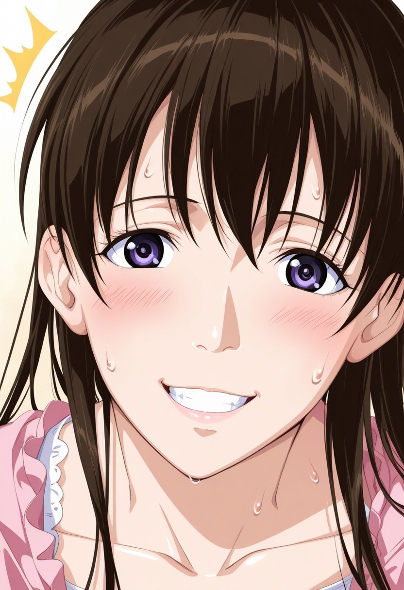 score_9, score_8_up, score_7_up, source_anime,(extremely detailed CG), (best quality), 
1girl, brown hair, solo, blush, long hair, sweat, teeth, purple eyes, smile, clenched teeth, looking at viewer, ^^^, lips, karen