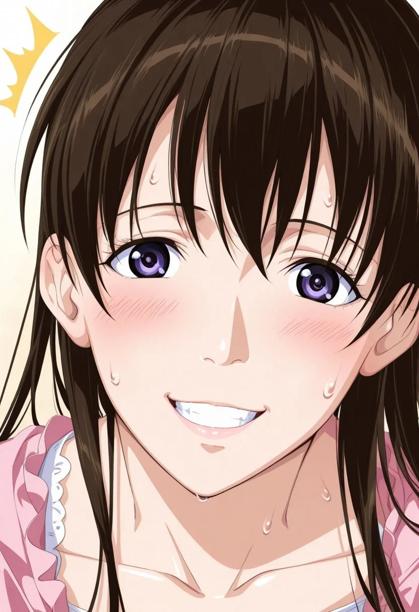 score_9, score_8_up, score_7_up, source_anime,(extremely detailed CG), (best quality),
1girl, brown hair, solo, blush, long hair, sweat, teeth, purple eyes, smile, clenched teeth, looking at viewer, ^^^, lips, karen