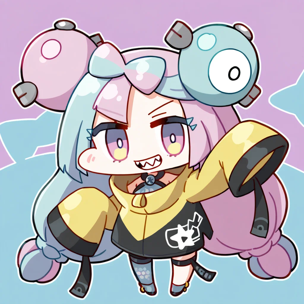 chibi,<lora:nineface-chibi-noob1-5:1>,
1girl,solo,iono \(pokemon\),pokemon,hair ornament,multicolored hair,