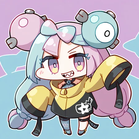 chibi,<lora:nineface-chibi-noob1-5:1>,
1girl,solo,iono \(pokemon\),pokemon,hair ornament,multicolored hair,