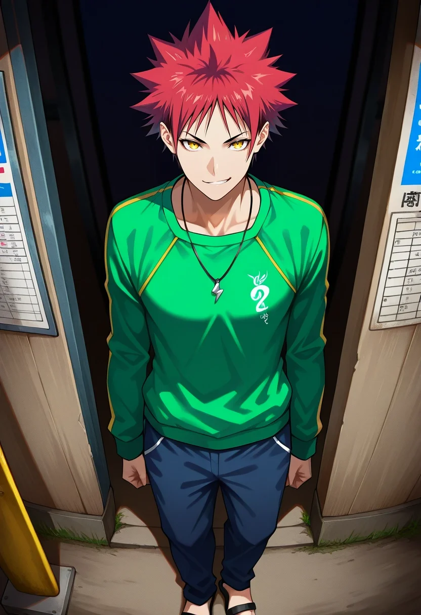 masterpiece, best quality, , (realistic:0.6), looking at viewer, 1boy, solo, male focus, <lora:souma_yukihira_ilxl:0.92>, souma_yukihira, red hair, yellow eyes, spiked hair, , wide angle, wide shot, cowboy shot, bus stop, dark, arms at sides, smirk, Joggers, Geometric Jersey OliveGreen Varsity sweatshirt, Sandals, , Necklace andKnapsack