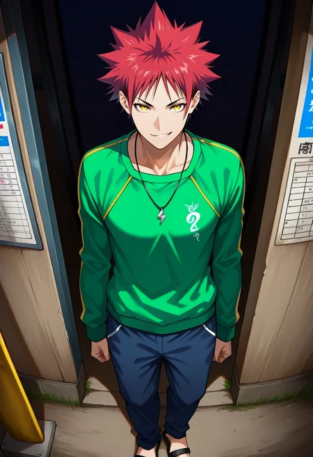 masterpiece, best quality, , (realistic:0.6), looking at viewer, 1boy, solo, male focus, <lora:souma_yukihira_ilxl:0.92>, souma_yukihira, red hair, yellow eyes, spiked hair, , wide angle, wide shot, cowboy shot, bus stop, dark, arms at sides, smirk, Joggers, Geometric Jersey OliveGreen Varsity sweatshirt, Sandals, , Necklace andKnapsack