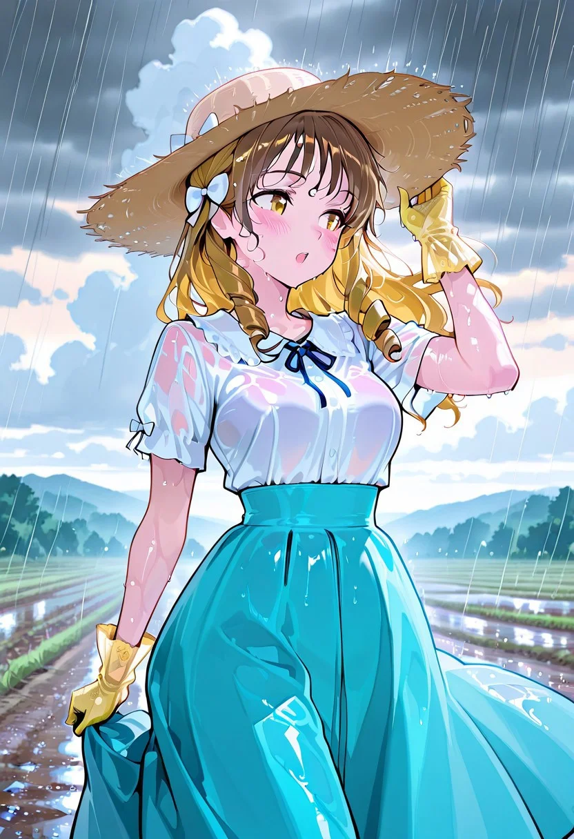 masterpiece, best quality, amazing quality, girl, brown hair, perfect eyes, portrait shot, long hair, ringlets hair, bangs, medium breasts, 8k, highest quality, ultra details,1girl, solo,
Southern Belle, (blue:1.4) hoop skirt dress, cinched waist, short sleeves, hair bow, yellow hair ribbons, yellow wide brim straw hat, medium breasts, yellow silk gloves, blush, looking to the side, open mouth, strong wind, hair blowing in the wind, holding dress up with hand, holding down hat with hand, wet hair, wet dress, wet skin, dress blowing in the wind, rainy day, heavy rain, muddy, summer season,running, on a rural path, Mississippi river background, fluffy white clouds, outdoors, pastel colors, warm lighting, from the side