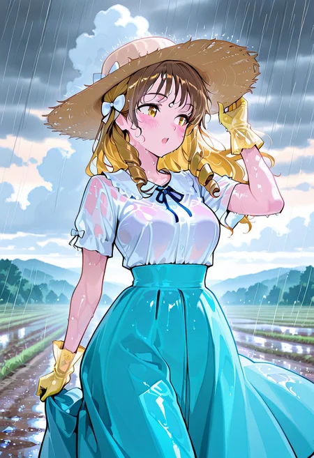 masterpiece, best quality, amazing quality, girl, brown hair, perfect eyes, portrait shot, long hair, ringlets hair, bangs, medium breasts, 8k, highest quality, ultra details,1girl, solo, 
Southern Belle, (blue:1.4) hoop skirt dress, cinched waist, short sleeves, hair bow, yellow hair ribbons, yellow wide brim straw hat, medium breasts, yellow silk gloves, blush, looking to the side, open mouth,  strong wind, hair blowing in the wind, holding dress up with hand, holding down hat with hand, wet hair, wet dress, wet skin, dress blowing in the wind, rainy day, heavy rain, muddy, summer season,running, on a rural path, Mississippi river background, fluffy white clouds, outdoors, pastel colors, warm lighting, from the side