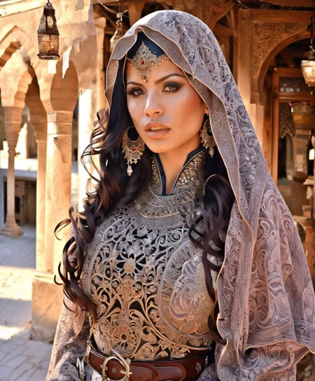 RAW photo, (masterpiece:1.3), subsurface scattering, heavy shadow, (high quality:1.4), (intricate, high detail:1.2), professional photography, HDR, High Dynamic Range, realistic, ultra realistic, photorealistic, high resolution, film photography, ambient lighting, atmospheric effects, <lora:detail_slider_v4:2>, OverallDetail,  Alexis, <lora:Alexis:1>, earrings, upper body shot, as an arabian warrior, wearing intricate medieval arabian clothes, cape, veil, belt,  ArAr, <lora:ArabianArmor-10:0.7>, in a street with arabian houses, arto, <lora:ArabianTown-10:0.8>, ((perfect hands)), epiCPhoto