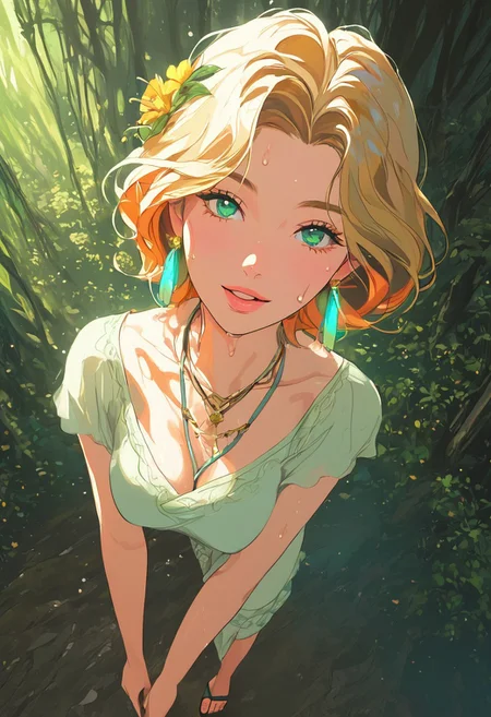 masterpiece,best quality, highly detailed, score_9, score_8_up, score_7_up, score_6_up, source_cartoon,
BREAK
1MILF, open eyes, angle, sweat, (motion lines:0.3), (motion blur:0.3), partial nudity, mature female, housewife
BREAK
BREAK
(young woman:1.2), (druid:1.2), illustration, shag medium blonde hair, close-up portrait, (standing:0.9), full body, legs, loincloth, (sandals), Oxford Gray (druid clothes), flower in hair, tassel earrings, celtic necklace, glossy lips, happy (smile:0.6), pretty beautiful, feminine, (nice lovely,adorable cute:0.8), sexy, (in love romantic loving:0.8), fantasy, (beautiful celtic landscape:0.9), (very detailed:1.2), (best quality:1.2), sharp focus, (big rocks:0.9), (moss:0.4), (ripples, reflections:0.8), celtic castle, (small river small pond:0.5), druid forest, (druid village:1.2), (stunning nature environment:0.8) , (enchanted land:0.5), bright (sunny sky), (sunset:0.3), high contrast, natural light, backlight, shadows, (lens flare:0.4), (vibrant colors, colorful):0.6, clovers, (Hunter Green flowers:0.9), leaves,
dynamic light, warm_light, vibrant colors warm_colors, soft focus, high contrast, textured surfaces, depth of field, golden hour lighting, dramatic shadows, rich details, nature-inspired color palette, playful composition.
,dynamic angle,dynamic light,background,