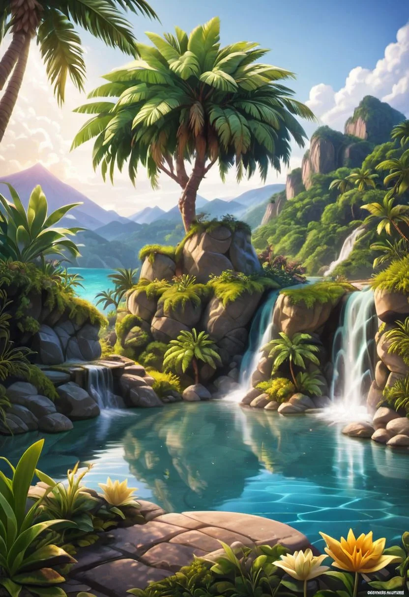 (masterpiece), realistic lighting,vivid color,ultra sharp,score_9, score_8_up, score_7_up, score_6_up, score_5_up, score_4_up,source_anime, realistic illustration, intricate details, hyperdetailed, extremely sharp,4k, (Kairunoburogu, by neocoill:0.5), Ink illustration,Ink illustration, a tree house, rustic, stilt house, on a beautiful tropical beach, surrounded by mountains, waterfalls, flagstone floor, wood, palm trees, streams, water lilies, natural pools, vibrant color palette, sunrise, hissing clouds