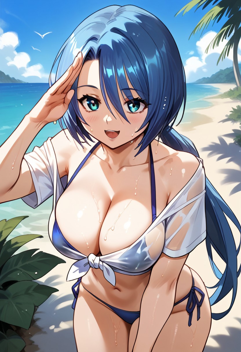 zPDXL3, score_9_up, score_8_up, score_7_up, (Anime_source), 1girl, Zoe, blue eyes, blue hair, long hair, low ponytail, standing, leaning forward, salute, white shirt, off-shoulder shirt, tied shirt, wet shirt, short sleeves, bikini under clothes, bikini, side-tie bikini bottom, bare shoulders, navel, cleavage, outdoors, beach, looking at viewer, open mouth, smile