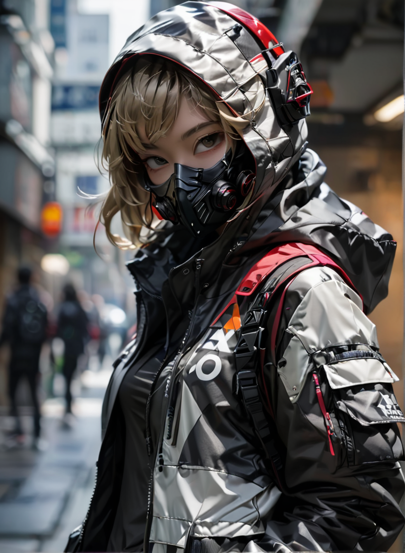 masterpiece,high resolution,shadow detail,natural light,
 <lora:TechWearXL:0.8>,
techwear, 
1girl, solo, blurry background, , mask, looking at viewer, hood, jacket