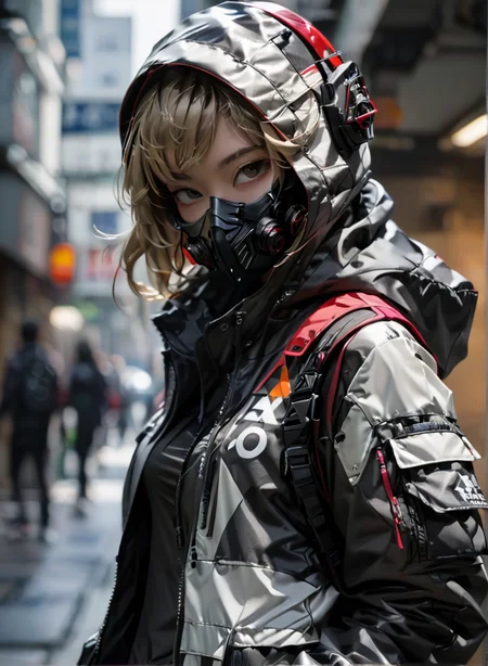 masterpiece,high resolution,shadow detail,natural light,
<lora:TechWearXL:0.8>,
techwear,
1girl, solo, blurry background, , mask, looking at viewer, hood, jacket