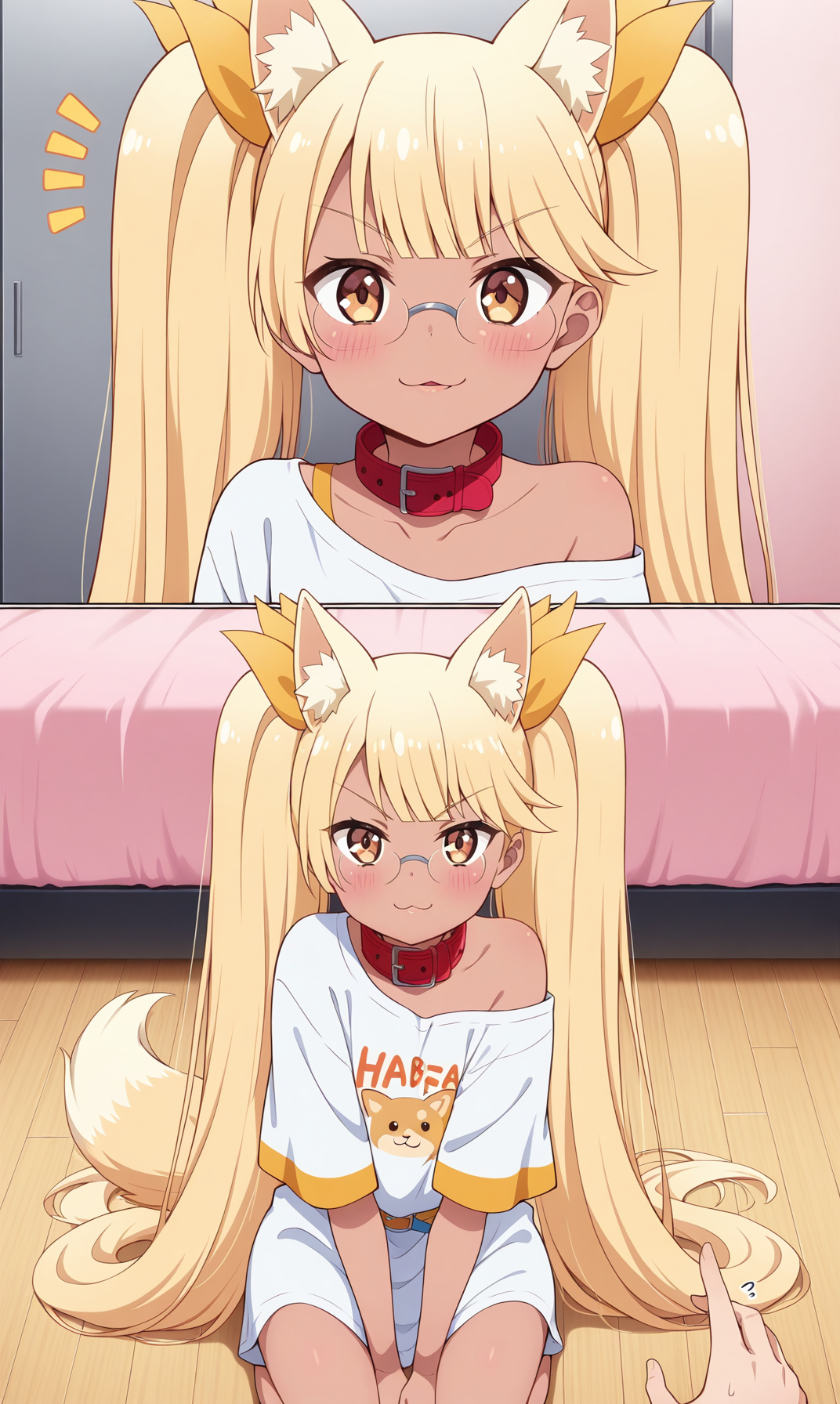 masterpiece, best qualify, zzRetoree, close-up, 1girl, twintails, glasses, dog ears, animal ears, dog girl, collar, shirt, red collar, wooden floor, very long hair, animal ear fluff, blunt bangs, :3, animal collar, pov hands, comic, white shirt, yellow eyes, pov, t-shirt, brown eyes, indoors, dog tail, 2koma, looking at viewer, closed mouth, blonde hair, clothes writing, oversized clothes, tail, on floor, oversized shirt, print shirt, smile, sitting, notice lines, short sleeves, blush, belt collar, off shoulder, kneeling, dark skin, dark-skinned female, parted lips, rimless eyewear, solo focus, 1other, v-shaped eyebrows, floor, 