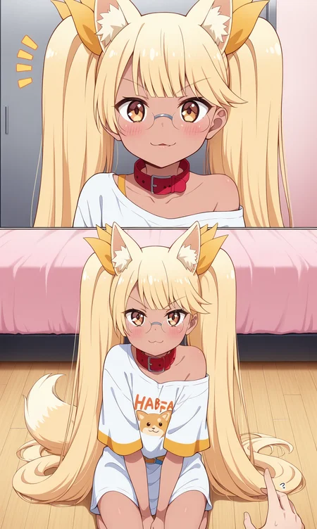 masterpiece, best qualify, zzRetoree, close-up, 1girl, twintails, glasses, dog ears, animal ears, dog girl, collar, shirt, red collar, wooden floor, very long hair, animal ear fluff, blunt bangs, :3, animal collar, pov hands, comic, white shirt, yellow eyes, pov, t-shirt, brown eyes, indoors, dog tail, 2koma, looking at viewer, closed mouth, blonde hair, clothes writing, oversized clothes, tail, on floor, oversized shirt, print shirt, smile, sitting, notice lines, short sleeves, blush, belt collar, off shoulder, kneeling, dark skin, dark-skinned female, parted lips, rimless eyewear, solo focus, 1other, v-shaped eyebrows, floor,