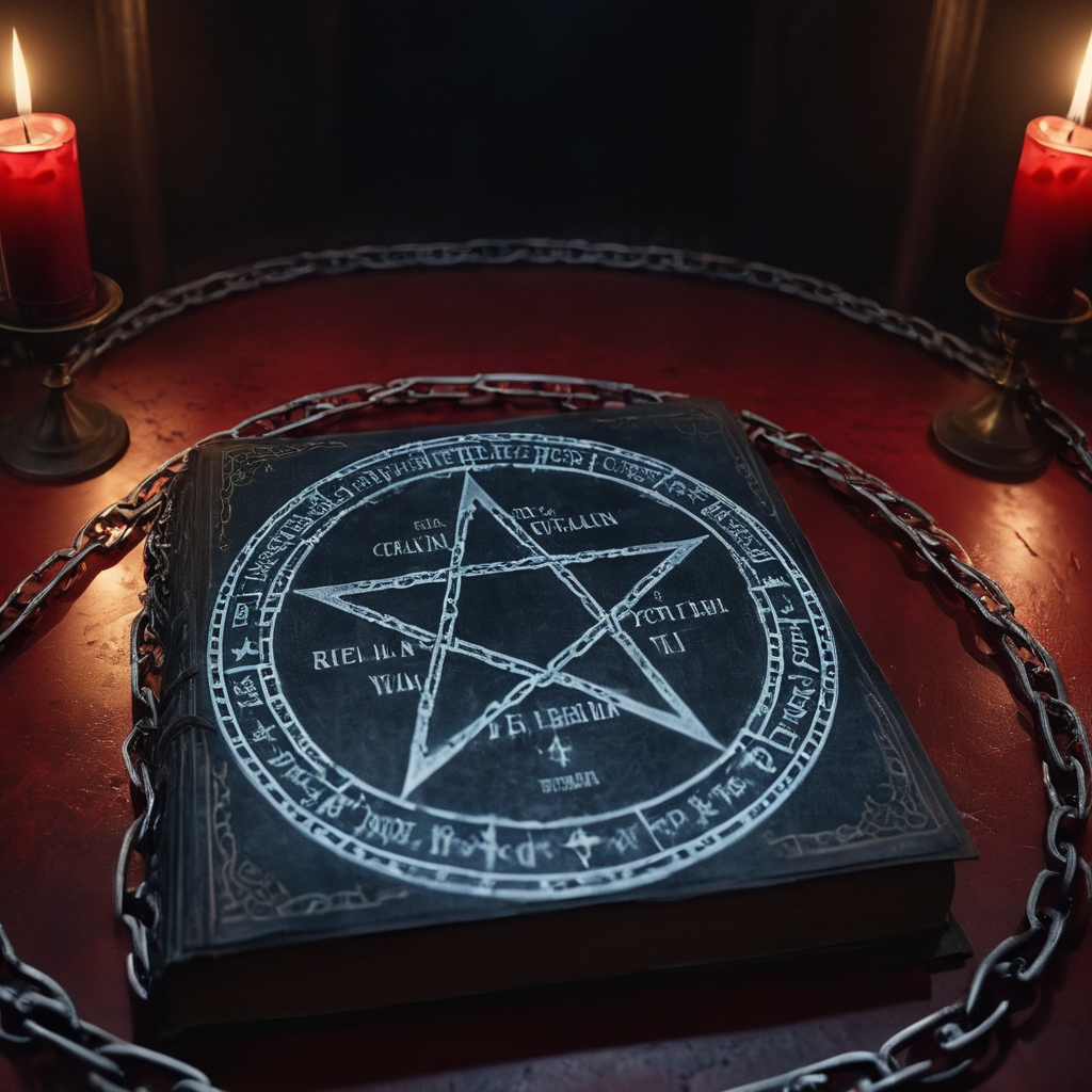 cinematic film still of  <lora:Bible Black style:1> A realistic detailed cinematic photo of 
a ritual epic book sealed in chains:1 book:1 behind a bloody:1 glowing:0.5 magic circular ritual portal pentagram in a cinematic epic scene, shallow depth of field, vignette, highly detailed, high budget, bokeh, cinemascope, moody, epic, gorgeous, film grain, grainy