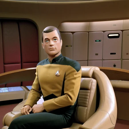 (full body shot), <lora:GI_Joe:1> GI Joe on the bridge, sitting in the captain's chair, The Enterprise, Star Trek TNG, TV still, masterpiece, best quality <lora:StarTrekTNG-v7:1>