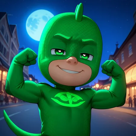 (score_9, score_8_up, score_7_up), highly detailed, cute boy, masterpiece, best quality, high quality, detailed, round face, round eyes, round pupils, shining eyes, petite, flat chested, aged down, cute, kawaii, short, 1boy, solo, Gekko Costume, Green Bodysuit, Green Eyes, Mask, Tail, looking at biceps, flexing arms, at night, strong, full moon, smug, narrowed eyes, low angle view, perfect detail, perfect eyes, perfect face, perfect mouth, night time, moonlighting, empty streets, outdoors, street, city background, textured costume, bold lines, volumetric lighting, moon in background, ((blurred detailed background)), natural lighting, (ray tracing, good shadows), young