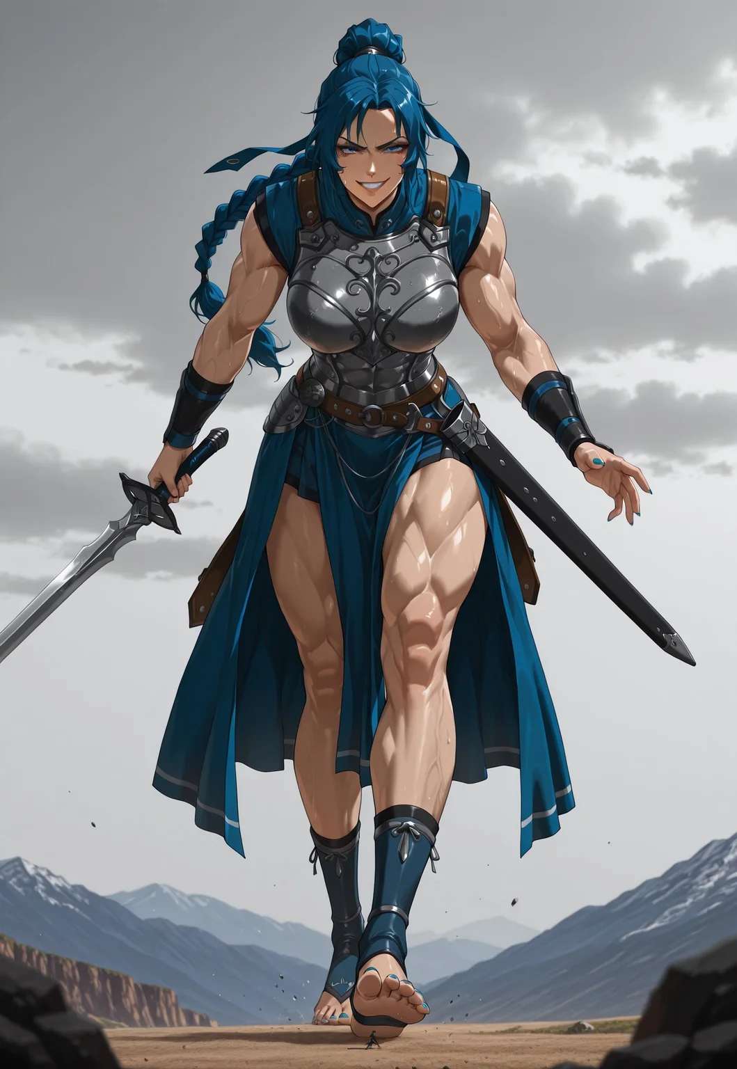 BoZStyle, masterpiece, best quality, amazing quality, Smooth Quality, hard lighting, very aesthetic,masterpiece,best quality,exquisite details,amazing art,realistic details,pretty face,8K,RAW,movie lighting,soft light,
detailed Background, mythical theme. bright light.
BREAK
Draw Sword,weapon,Action,Fighting Stance,pose,Unsheathe,sword,holding weapon,holding sword,Sheath,
BREAK (EyesHD:1.2), (4k,8k,Ultra HD), masterpiece, best quality, ultra-detailed, very aesthetic, sharp focus, depth of field, ray tracing, best lighting, detailed illustration, detailed background, cinematic, beautiful face, beautiful eyes, BREAK athena,1girl, solo, adult, tall female, large breasts, muscular, (happy:0.9) BREAK Wearing breastplate, holding her toeless footwear, dinamic pose, action shot, dinamic angle, blue hairs BREAK <lora:imminent_crush:1> imminent crush, from below, giantess, outdoor, mountains in background, mount holympus, barefoot, evil smile, leaning forward, standing on one leg, blue toenails, sole, masterpiece,best quality,amazing quality,