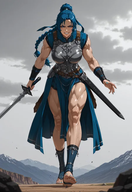 BoZStyle, masterpiece, best quality, amazing quality, Smooth Quality, hard lighting, very aesthetic,masterpiece,best quality,exquisite details,amazing art,realistic details,pretty face,8K,RAW,movie lighting,soft light,
detailed Background, mythical theme. bright light.
BREAK
Draw Sword,weapon,Action,Fighting Stance,pose,Unsheathe,sword,holding weapon,holding sword,Sheath,
BREAK (EyesHD:1.2), (4k,8k,Ultra HD), masterpiece, best quality, ultra-detailed, very aesthetic, sharp focus, depth of field, ray tracing, best lighting, detailed illustration, detailed background, cinematic, beautiful face, beautiful eyes, BREAK athena,1girl, solo, adult, tall female, large breasts, muscular, (happy:0.9) BREAK Wearing breastplate, holding her toeless footwear, dinamic pose, action shot, dinamic angle, blue hairs BREAK <lora:imminent_crush:1> imminent crush, from below, giantess, outdoor, mountains in background, mount holympus, barefoot, evil smile, leaning forward, standing on one leg, blue toenails, sole, masterpiece,best quality,amazing quality,