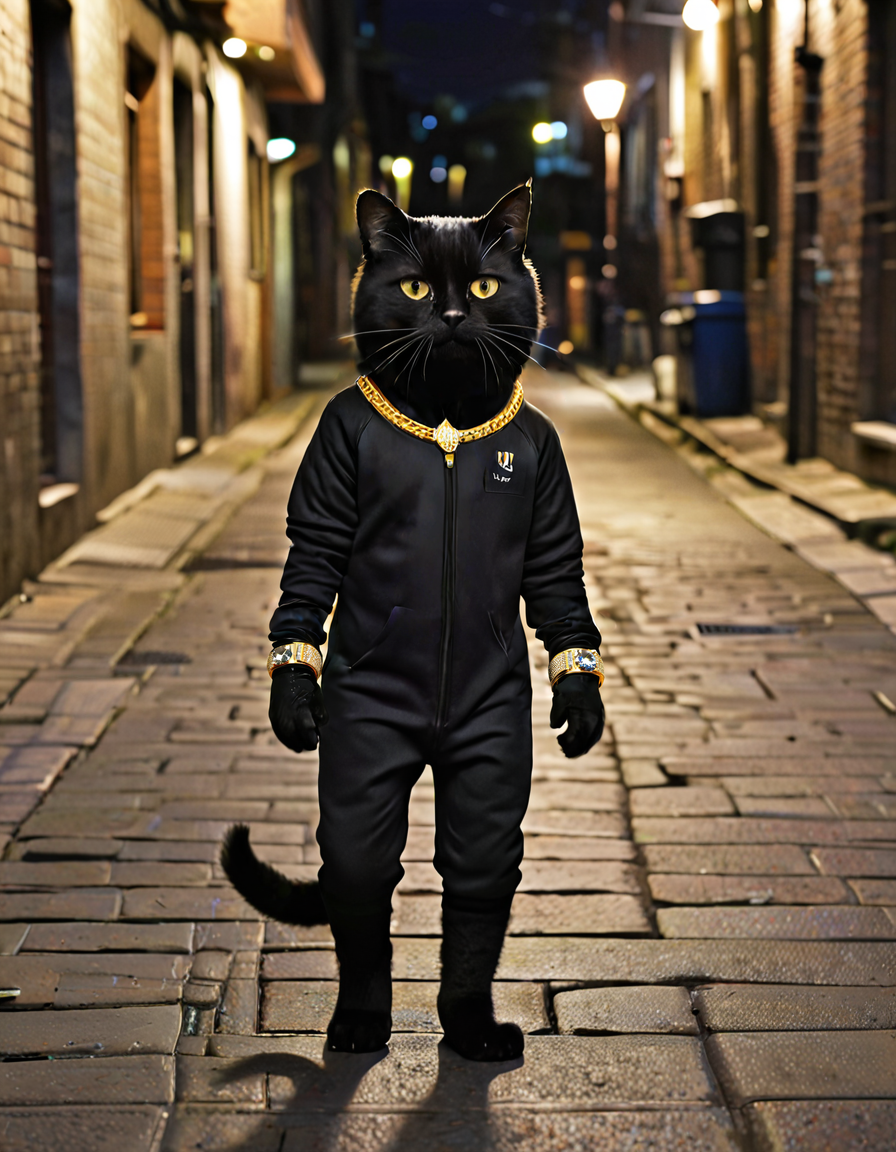 UHD, 8K, ultra detailed, highly realistic photo of UHD, 8K, highly realistic photo, a picture of an (anamorphic:1.2) black cat costume is standing up like a person, wearing a sports jersey and shorts, black fur, background is a dark alley way, wearing gold chain diamond blingbling necklace, Rolex watch, diamond earrings, (high resolution 8K photo quality:1.3)