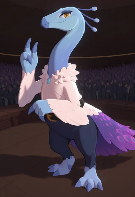 highres, absurdres, newest, masterpiece, best quality, furry, gale, male, therezinosaur, blue skin, yellow eyes, 3 fingers, 3 toes, big claw on fingers, feathered, feathered tail, belt, white blouse, big tail, detailed eyes, professional lighting, solo, seductive, looking_at_viewer, masterpiece, close up, sexy pose, fashion show, crowd