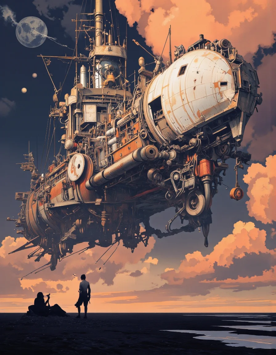 Art par Alexey Egorov. Une illustration numérique surréaliste tire d'en bas à propos d'un grand vaisseau spatial mécanique flottant dans l'espace dans une toile de fond du coucher du soleil spectaculaire. L'image montre également deux petites figures, une debout et une marche, au premier plan. À gauche de l'image, un homme semble être dans la mi-vingtaine, avec un corps mince et une expression déterminée. Il ne porte pas de vêtements et sans pantalon, et est face à la téléspectateur. L'homme se tient debout, les bras s'étendaient vers le haut et son visage n'est pas visible. Il a un petit pistolet sur sa main droite et tient un petit drapeau dans sa main gauche. La femme est debout par terre, et elle fait face au spectateur les yeux levant les yeux. L'arrière-plan est un ciel sombre et orageux avec des teintes orange et rose, et le sol est plat sans autre objet ni personne visible. L'ambiance globale est dramatique et surréaliste, avec les éléments surréaliste et fantastiques de la scène.