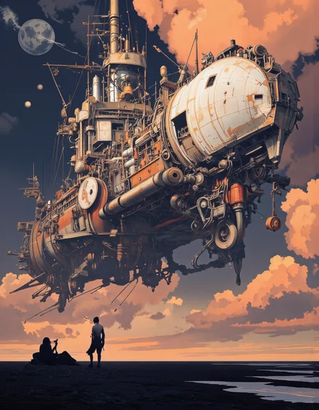 Art par Alexey Egorov. Une illustration numérique surréaliste tire d'en bas à propos d'un grand vaisseau spatial mécanique flottant dans l'espace dans une toile de fond du coucher du soleil spectaculaire. L'image montre également deux petites figures, une debout et une marche, au premier plan. À gauche de l'image, un homme semble être dans la mi-vingtaine, avec un corps mince et une expression déterminée. Il ne porte pas de vêtements et sans pantalon, et est face à la téléspectateur. L'homme se tient debout, les bras s'étendaient vers le haut et son visage n'est pas visible. Il a un petit pistolet sur sa main droite et tient un petit drapeau dans sa main gauche. La femme est debout par terre, et elle fait face au spectateur les yeux levant les yeux. L'arrière-plan est un ciel sombre et orageux avec des teintes orange et rose, et le sol est plat sans autre objet ni personne visible. L'ambiance globale est dramatique et surréaliste, avec les éléments surréaliste et fantastiques de la scène.