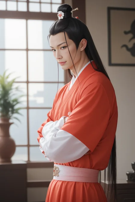 score_9, score_8_up, score_7_up, source_photo, solo, 1boy, standing, light smile, wide hips, from side, red hanfu, gradient dress, toned, crossed arms, hair bun, pale skin, long hair, black hair, asian, black eyes, blush, hair ornament, realistic, <lora:ahliponyv1-000001:0.85>