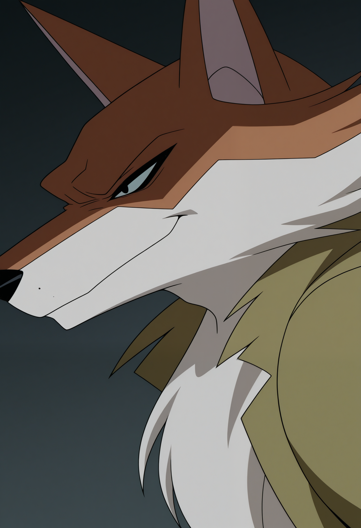 masterpiece,best quality,amazing quality, 1boy, solo, f0x04, fox boy, torn green shirt, close up, side angle, smirk,