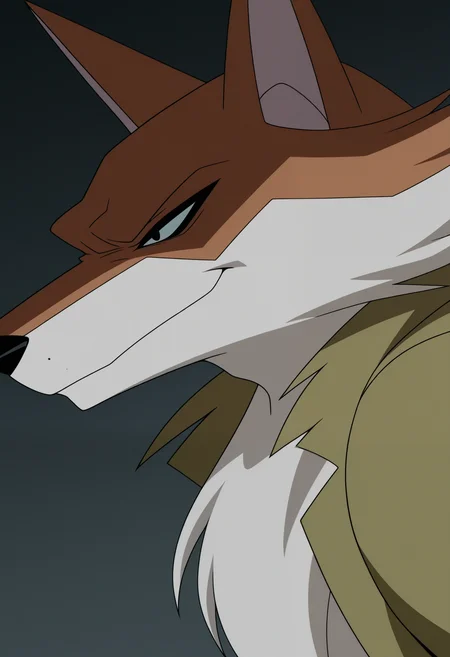 masterpiece,best quality,amazing quality, 1boy, solo, f0x04, fox boy, torn green shirt, close up, side angle, smirk,