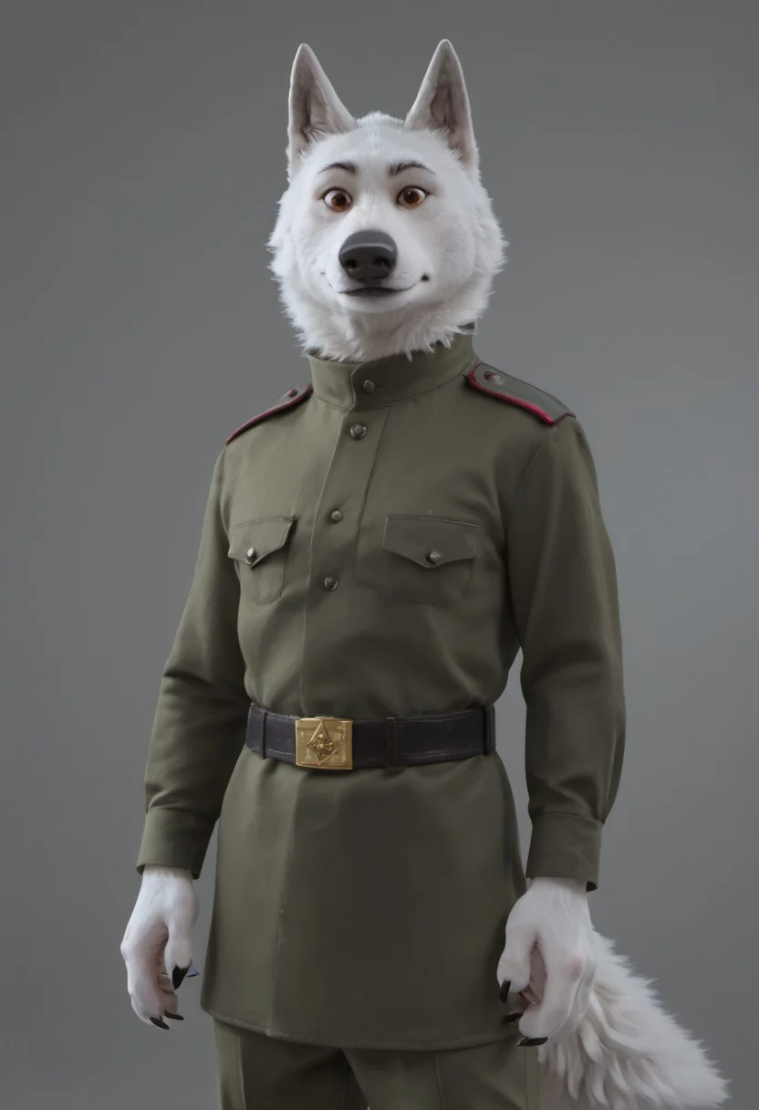 core_9, score_8_up, score_7_up, score_6_up, score_5_up, score_4_up, detailed fur, detailed face, Gary, Wolf, Timberwolf, brown eyes, White fur,gary, claws, big chin, anthro wolf,tail, white fur, solo,dressed,in soviet, military uniform,everyday jacket, khaki breeches,overcoat,belt on the waist, boots ussr,1boy, shrugging,smile with his wolf cubs,close to the camera, antro wolf, white tail, bearniful eyes.