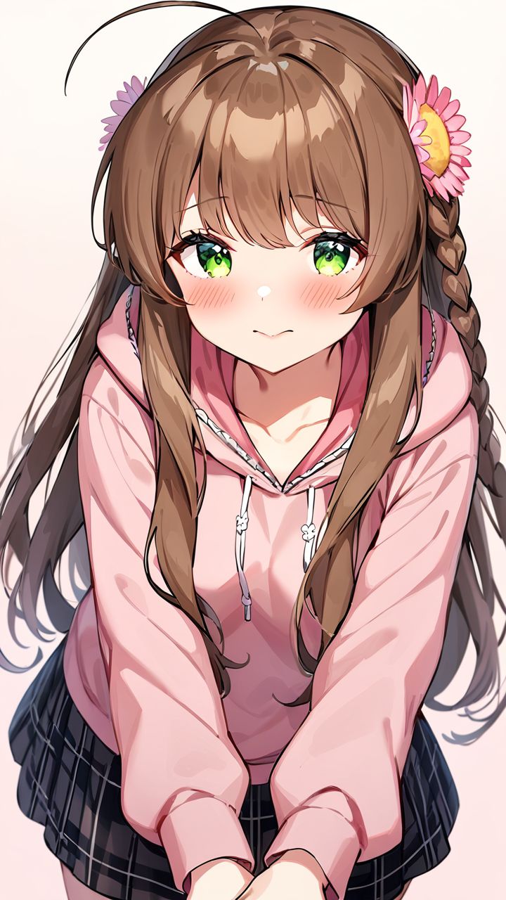 masterpiece,best quality,very aesthetic,absurdres, <lora:XL kanbe_kotori:1>,1girl,kanbe_kotori,solo,Standing on the ground,frontal,front view,Positive por,masterpiece,best quality,very aesthetic,absurdres, kanbe_kotori, 1girl, flower, hood, blush, pink hoodie, hoodie, solo focus, casual, hood down, looking at viewer, pink background, pink flower, sidelocks, simple background, ahoge, pov, pov hands, eyelashes, skirt, upper body, closed mouth, fingernails, 1boy, collarbone, holding hands, hetero, plaid skirt, official alternate costume, white background, plaid