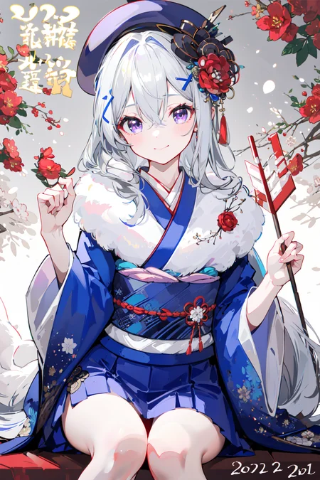 (masterpiece:1.2),best quality,PIXIV,
1girl,bird,hair ornament,smile,flower,solo,sitting,arrow (projectile),new year,japanese clothes,long hair,looking at viewer,purple eyes,happy new year,chicken,hair flower,kimono,hamaya,animal,blush,tree,wide sleeves,hairclip,striped,hat,bangs,earrings,closed mouth,red flower,jewelry,holding arrow,long sleeves,x hair ornament,vertical stripes,chinese zodiac,year of the rooster,hair between eyes,beret,grey hair,nengajou,branch,sash,skirt,
<lora:happy new year_20240102112354-000018:0.8>,