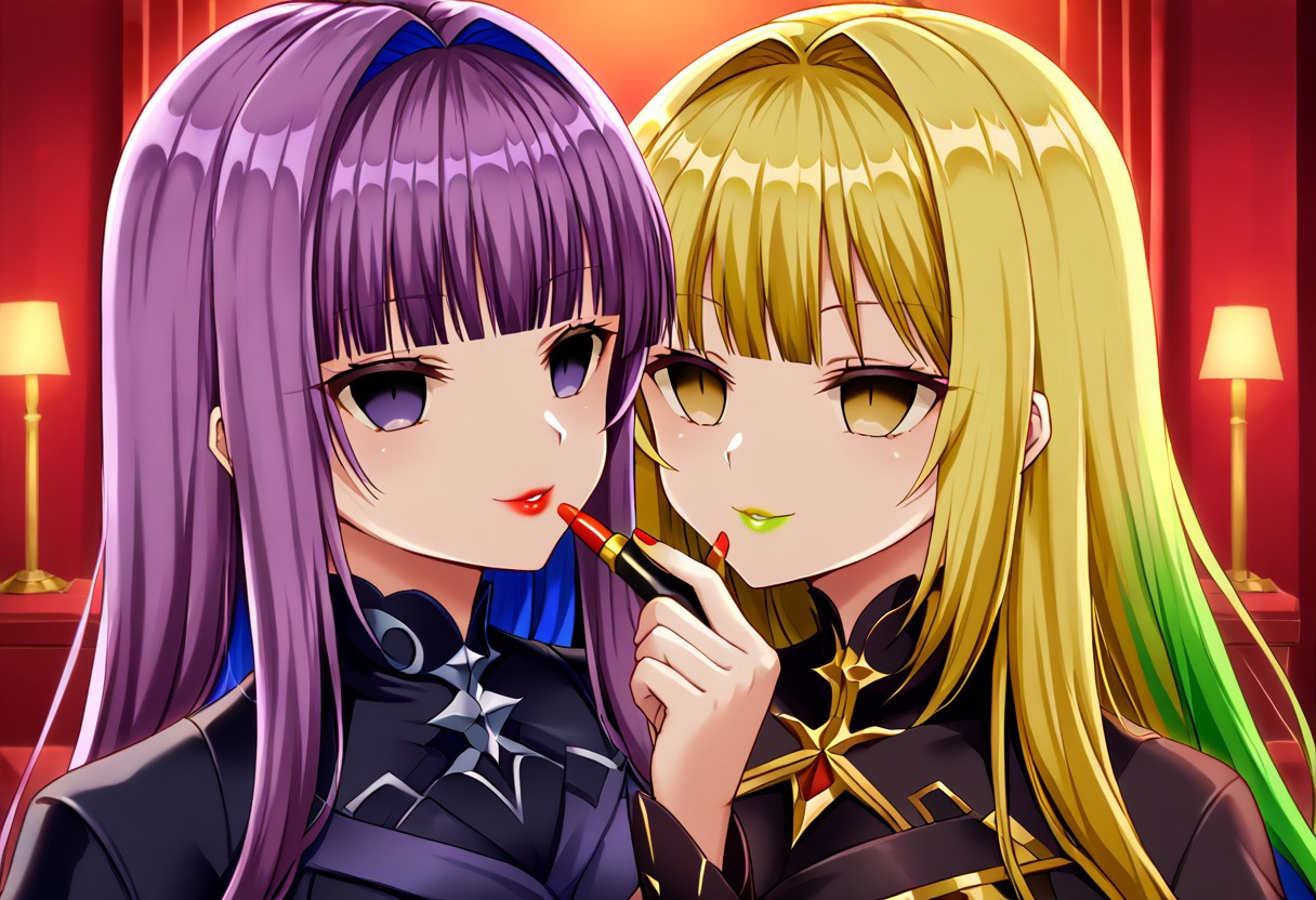 anime, two females, empty eyes, hypnotized, expressionless, blank expression, evil smile, lipstick, eye shadow, applying lipstick, holding lipstick tube, red lipstick, yellow lipstick, green lipstick, blue lipstick, purple lipstick, black lipstick, long hair, colorful hair