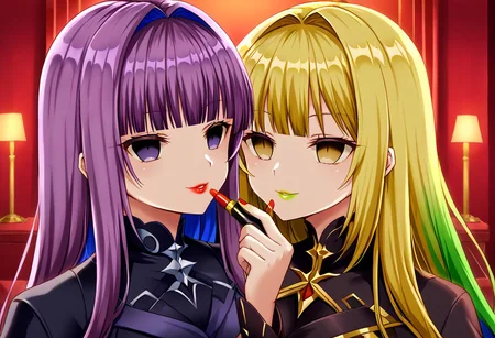 anime, two females, empty eyes, hypnotized, expressionless, blank expression, evil smile, lipstick, eye shadow, applying lipstick, holding lipstick tube, red lipstick, yellow lipstick, green lipstick, blue lipstick, purple lipstick, black lipstick, long hair, colorful hair