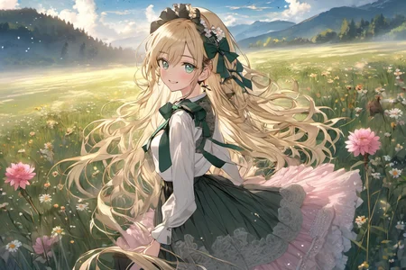 an image of 20 years old girl on meadow, 1girl, solo, face focus, cute, masterpiece, best quality, flower, blue eyes, outdoors, long braided blonde hair, girl wears white top, (dark forest color long skirt:1.4), long sleeves, (dark forest color long tulle:1.2), dark green necktie, (dark green headband:1.2), lace, (white pattern on skirt:1.2), cross-laced clothes, detached sleeves, extremely detailed, ornaments, complex clothing, highest detailed, smile, hair ornament, looking at viewer, jewelry, earrings, long sleeves, shirt, petals, skirt hold, bangs, frills, hair flower, blush, long shirt, sky, tree, full body shot, bow, sunset, dark green skirt, black bow, parted lips, standing, field, bowtie, breasts, pink flower, meadow, mountain, cloud, red flower, grass, flower earrings, blonde, long hair, center frills, frilled shirt, collared shirt, medium hair, black bowtie, floating hair