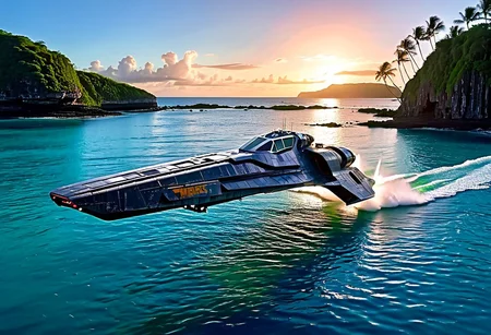 photograph, angled (Star Wars:1.3) (WipEout anti-gravity craft), (split-front:1.3), flare, landing in the waters of a lagoon, tropical island, blue sky, sunset, sharp, high detailed, realistic, sleek, scifi, futuristic, science fiction, sharp focus, masterpiece, best quality