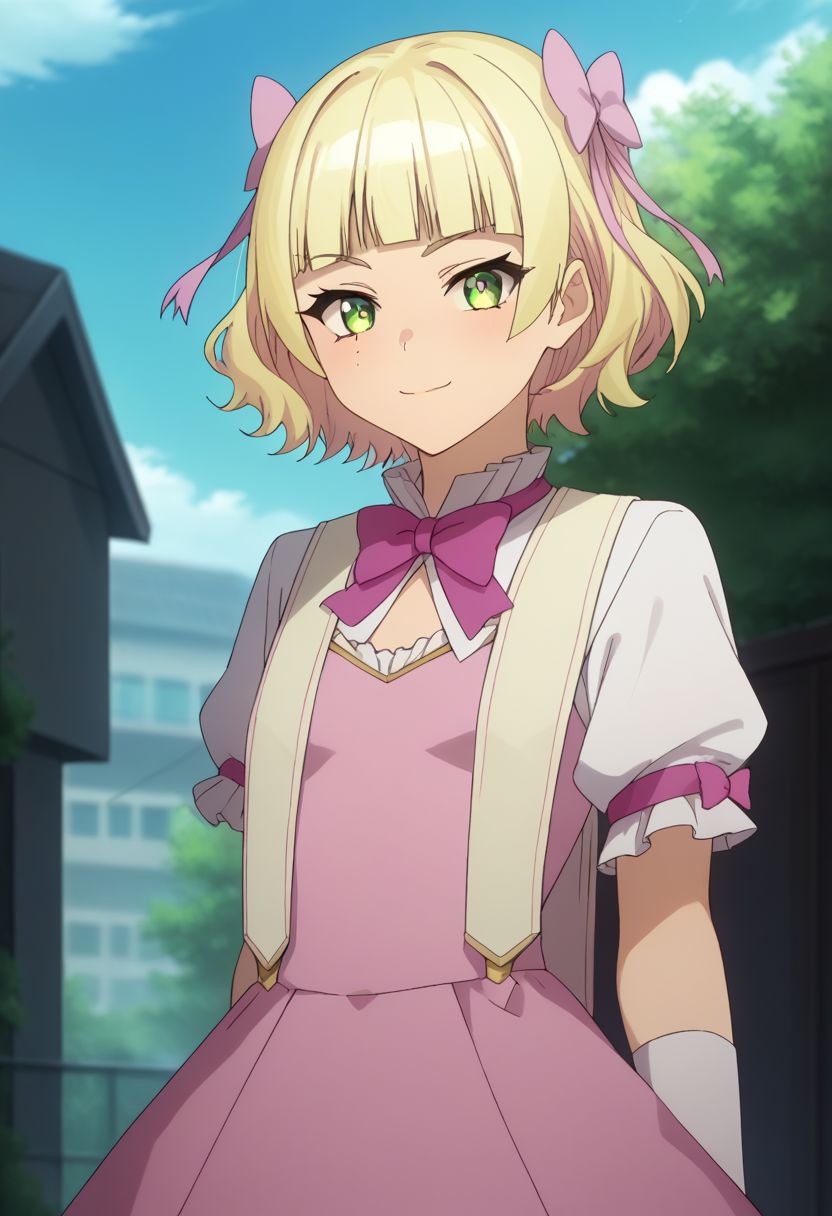 score_9, score_8_up, score_7_up, source_anime, highly detailed, 
kyoko, 1girl, blonde hair, green eyes, pink skirt, holding, skirt, gloves, puffy sleeves,
outdoors, magical girl, shirt, puffy short sleeves, short hair, dress, short sleeves, pink dress, bangs, blunt bangs, day, ribbon, mole, mole under eye, hair bows, pink bows, upper body, smile