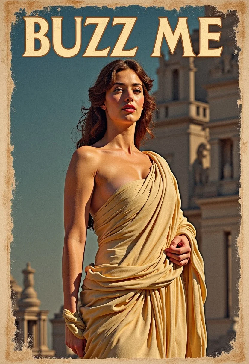 Score_8_up, Vintage Poster, (Title in bold white letters arranged at the top: Buzz Me ), wear and tear on cover. Photorealistic, photograph, A vintage classic poster of Greek Goddess, The background is the inside of a Olympus, Beautiful godess, Detailed garments, Buzz lightyear poster, in background, Demands buzz