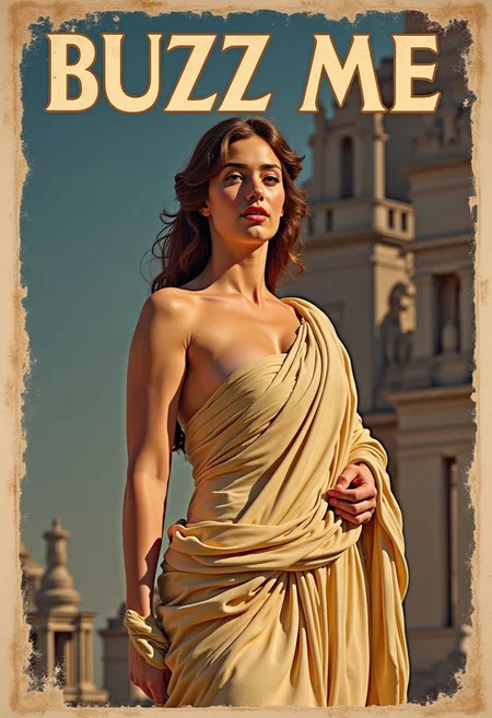 Score_8_up, Vintage Poster, (Title in bold white letters arranged at the top: Buzz Me ), wear and tear on cover. Photorealistic, photograph, A vintage classic poster of Greek Goddess, The background is the inside of a Olympus, Beautiful godess, Detailed garments, Buzz lightyear poster, in background, Demands buzz