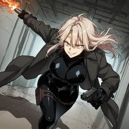 (masterpiece),(best quality),(ultra-detailed),(best illustration),(best shadow),(absurdres),(detailed background),(very aesthetic), 1girl, solo, big breasts, <lora:Rachel_Juvenile_Law__Illustrious:1>, blonde hair, long hair, brown eyes, forehead scar, bodysuit, coat, evil grin, shooting, holding uzi, dynamic pose, indoors, bullets, fire, muzzles, industrila
