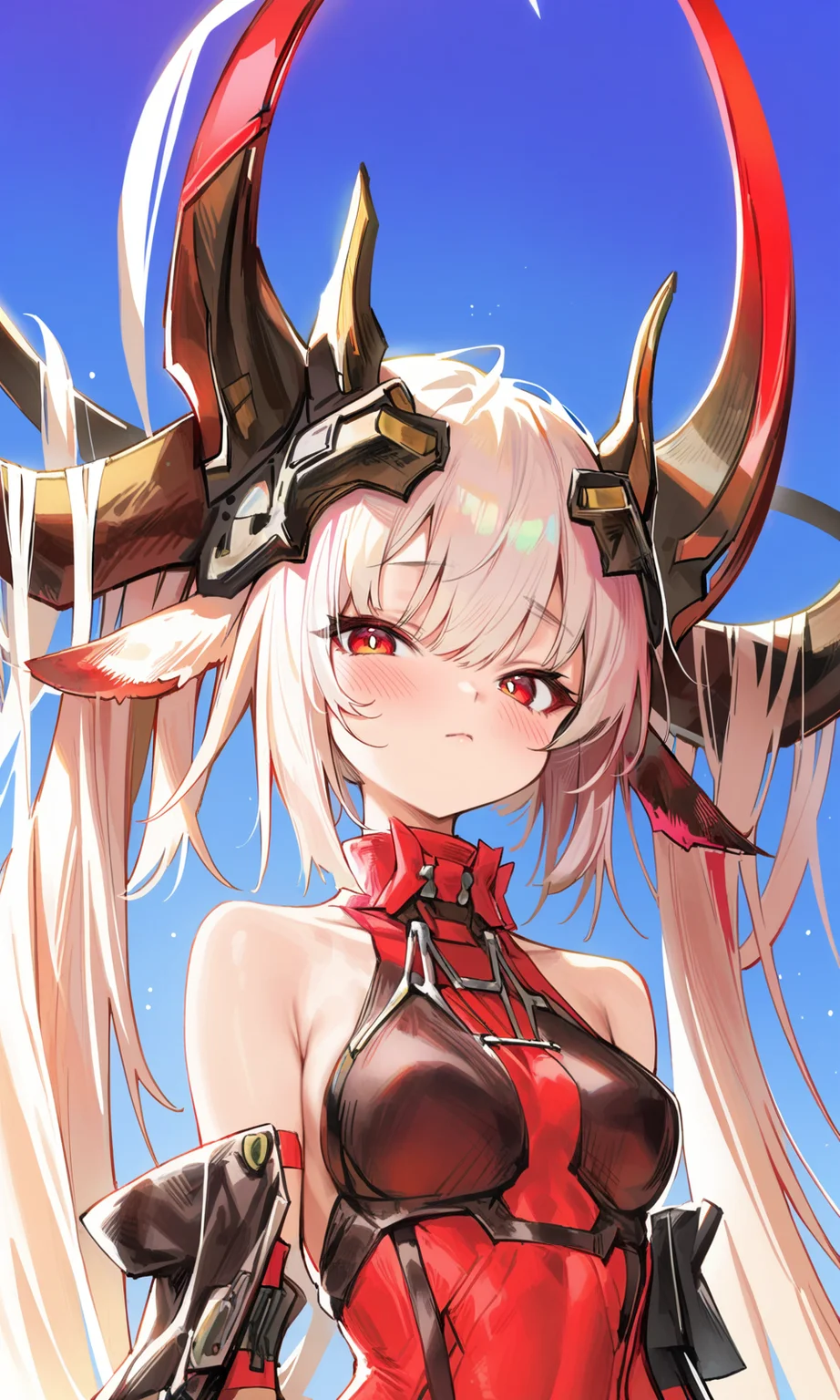 agoto, 1girl, queenepsilon, solo, horns, long hair, red eyes, very long hair, animal ears, looking at viewer, closed mouth, blush, white hair, twintails, bangs, cowboy shot, upper body, portrait, outdoors, sky,
masterpiece, best quality, very aesthetic, absurdres,
<lora:Agoto_xl:1><lora:Fixhands_anime_bdsqlsz_V1:1>